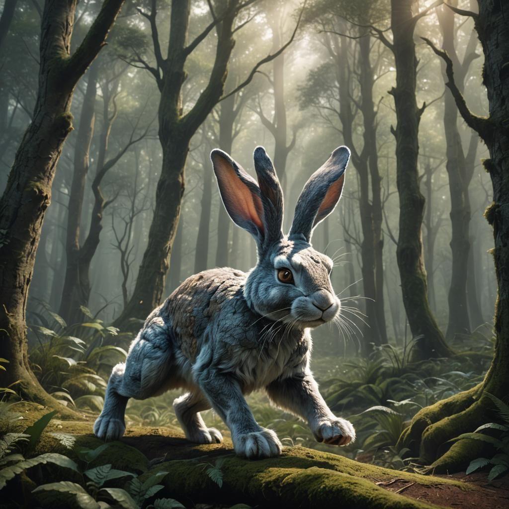 Rabbit-like Creature Escaping Hunter in Mystical Forest
