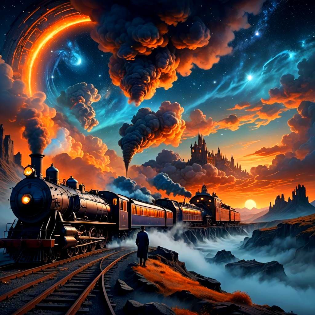 Steam Train Journey Through a Cosmic Dreamscape