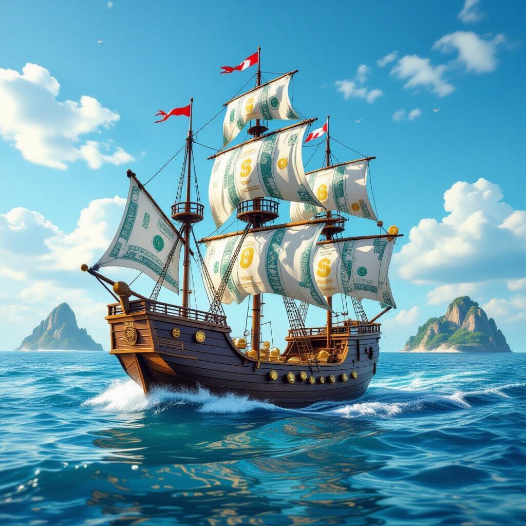 Money Ship with Banknote Sails on Sea of Abundance