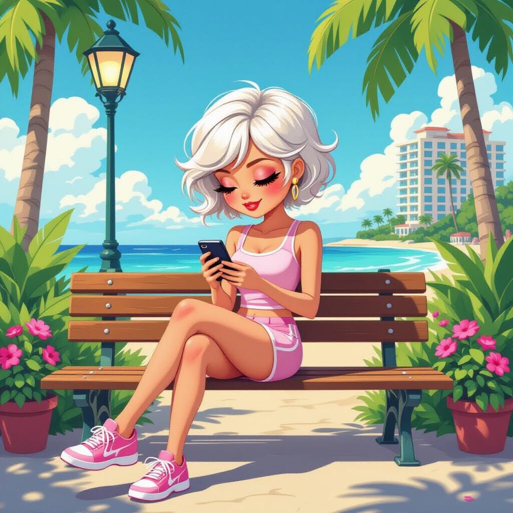 Cartoon Style Woman on Beach in Oil Painting