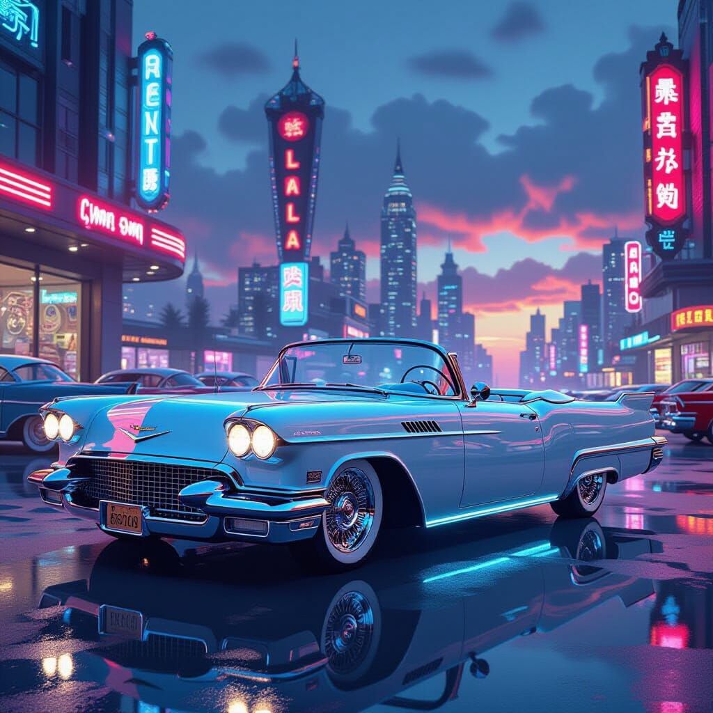 Modified Cadillac Eldorado in Solarpunk Metropolis at Sunris...