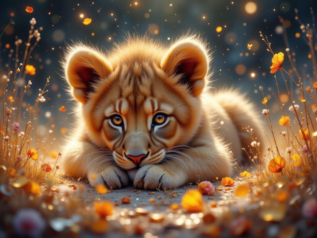 Adorable Lion Cub in African Night, Digital Art