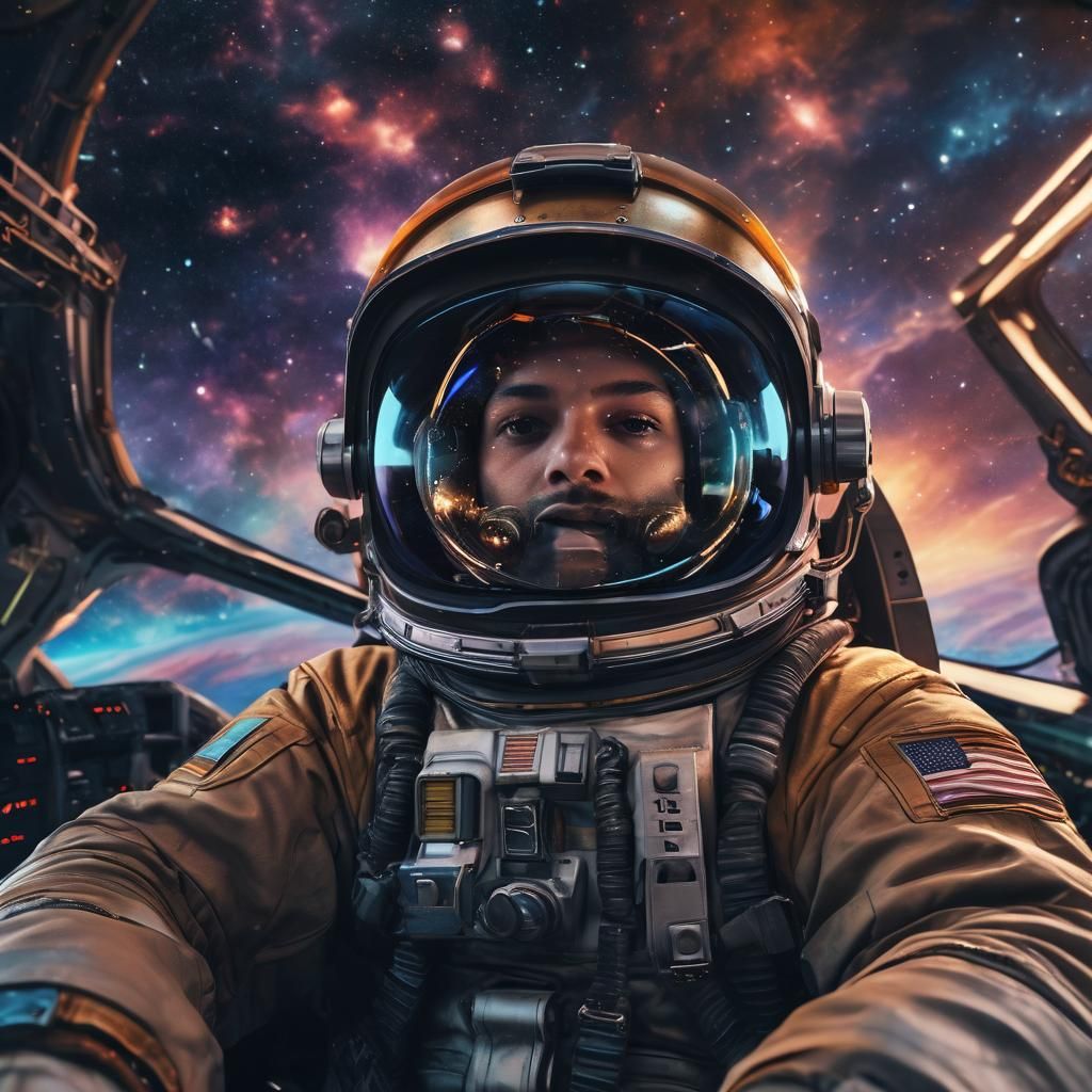 Astronaut Gazing at Nebula in Spaceship Cockpit
