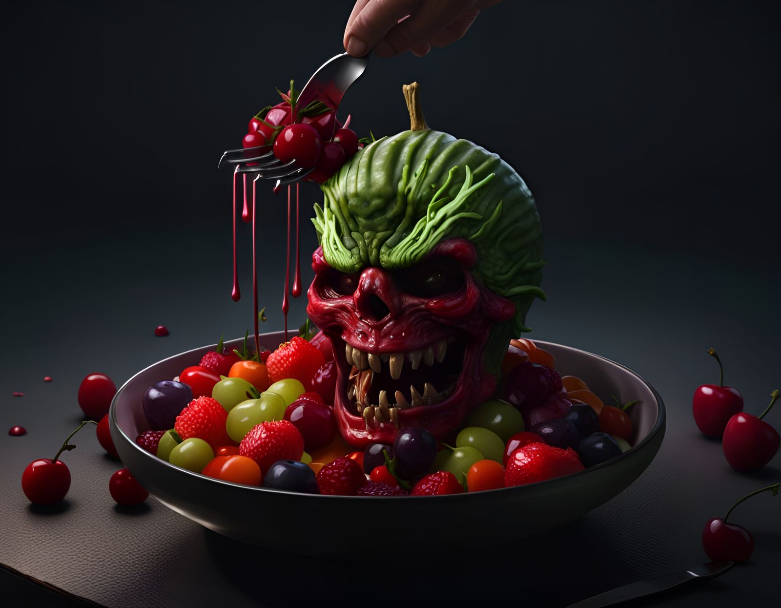 a bowl of fruit salad, zombie head disguised as cherry coming out of the salad, zombie mouth open ready to bite hand hol...