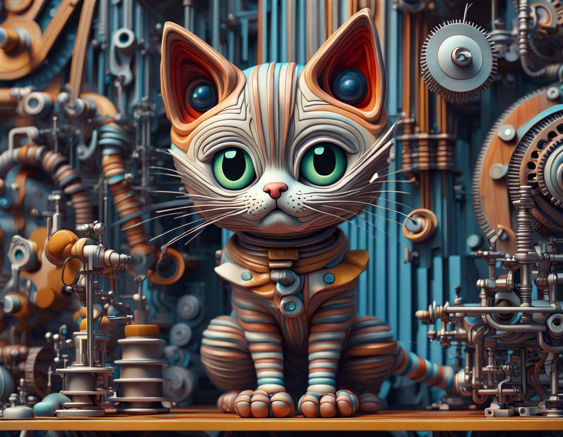 Sad Striped Kitten in Retrofuturistic Acrylic Art