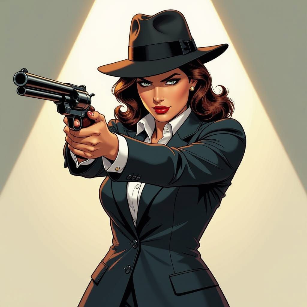 1920s Detective Woman Aims Shotgun in Comic Style