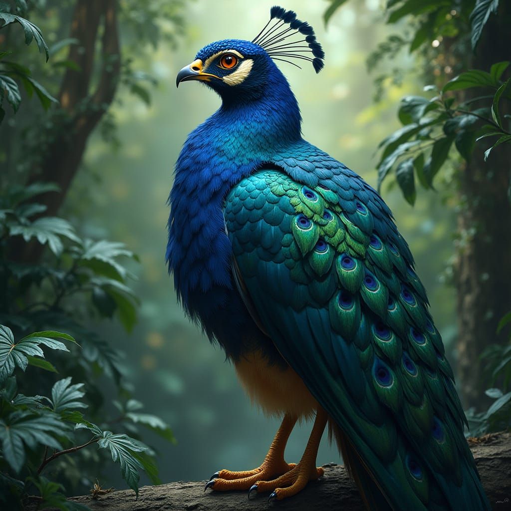 Falcon-Peacock Hybrid in Jungle, Fantasy Concept Art