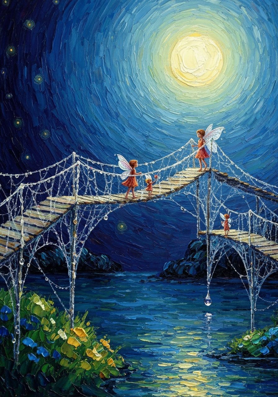 Fairy Family Crosses Spiderweb Bridge Under Moonlight