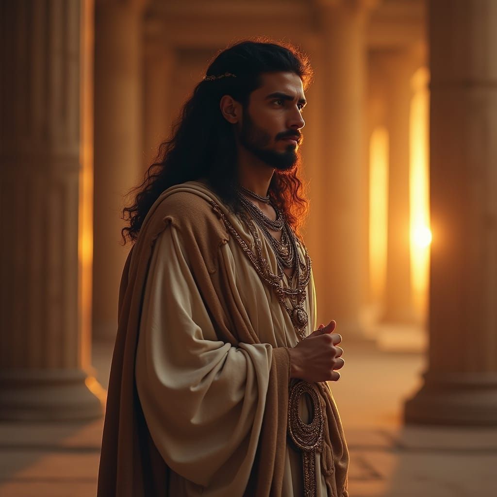 Ancient Egyptian Man in Shrine at Dawn - Hyper Realistic Pho...