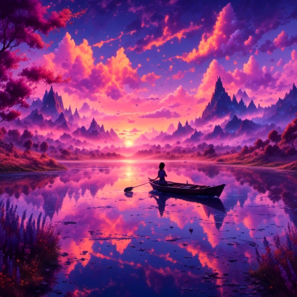 Anime Sunset: Woman Fishing on Lavender Lake