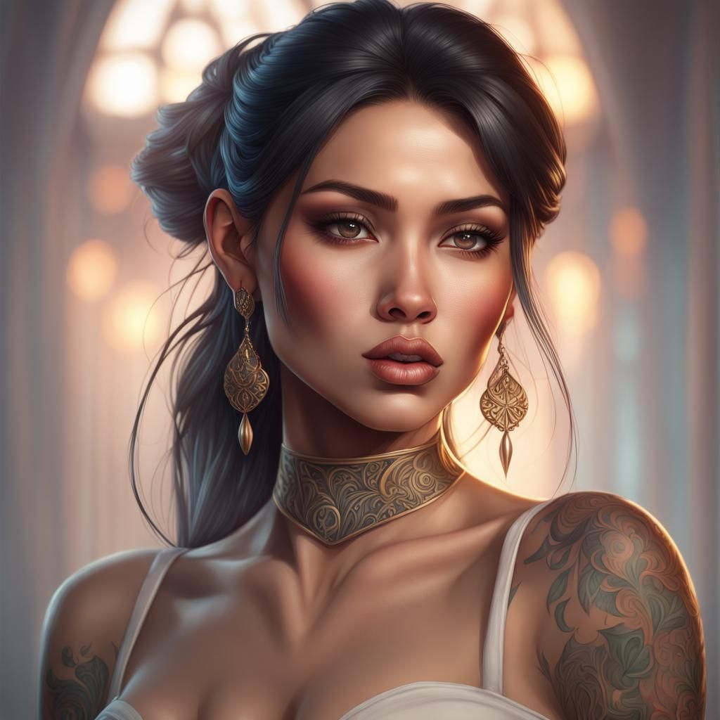 Tattooed Filipina Beauty Queen Portrait in Art Nouveau Style