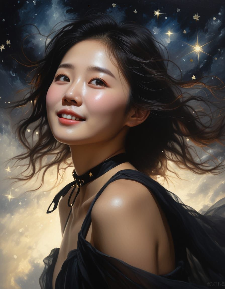 Ethereal Portrait of a Korean Woman Under Starry Night