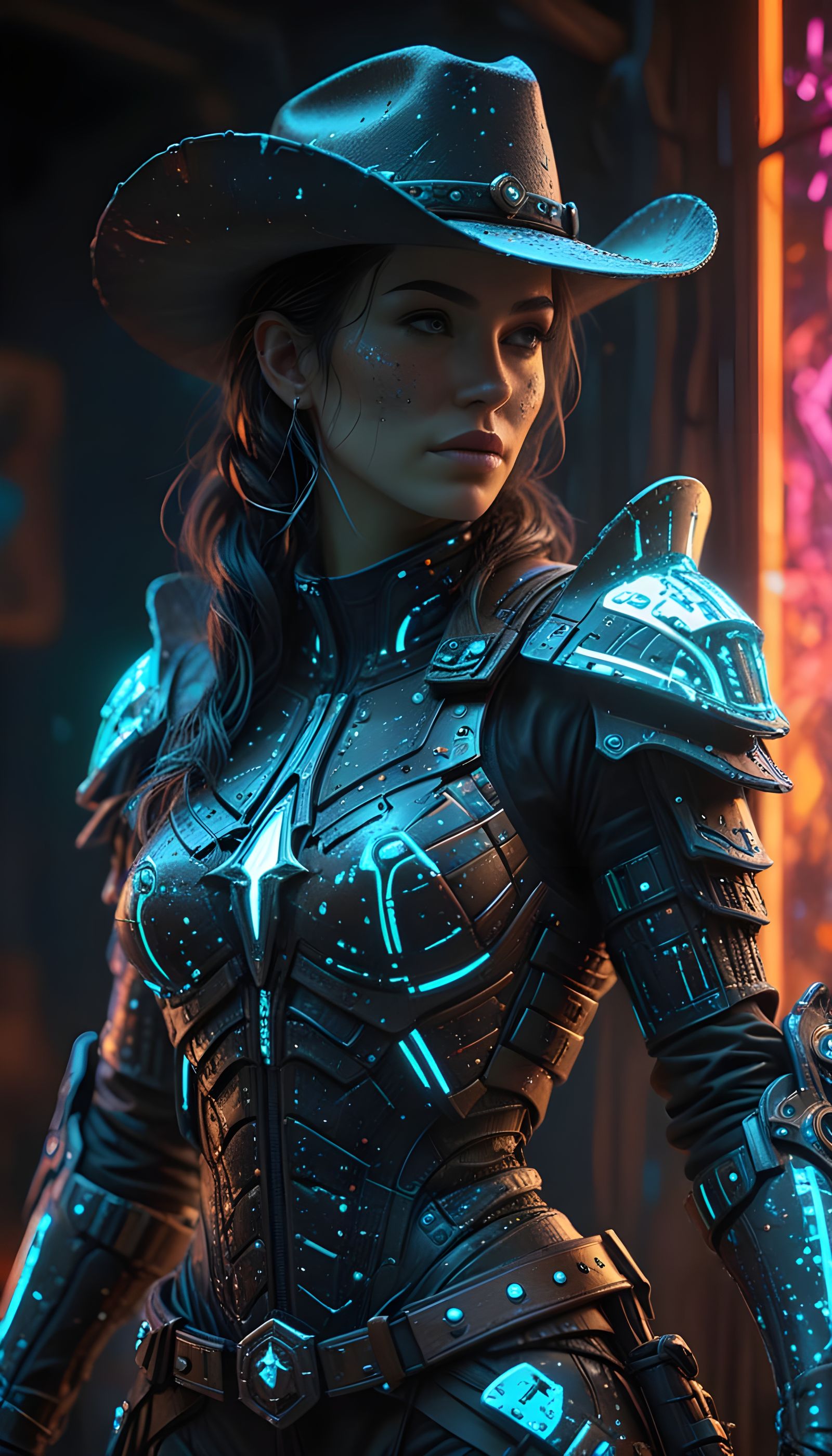 Bioluminescent Cowgirl in Greeble Armor with Neon Glow