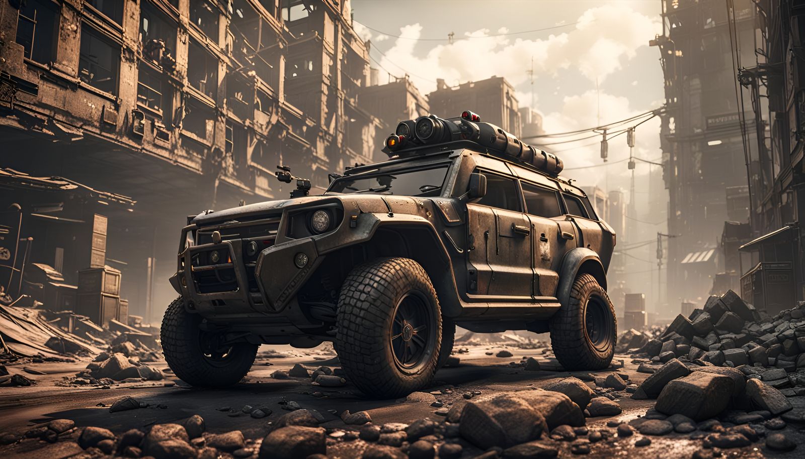 Armored SUV in Post-Apocalyptic Cityscape: 3D Game Cinematic