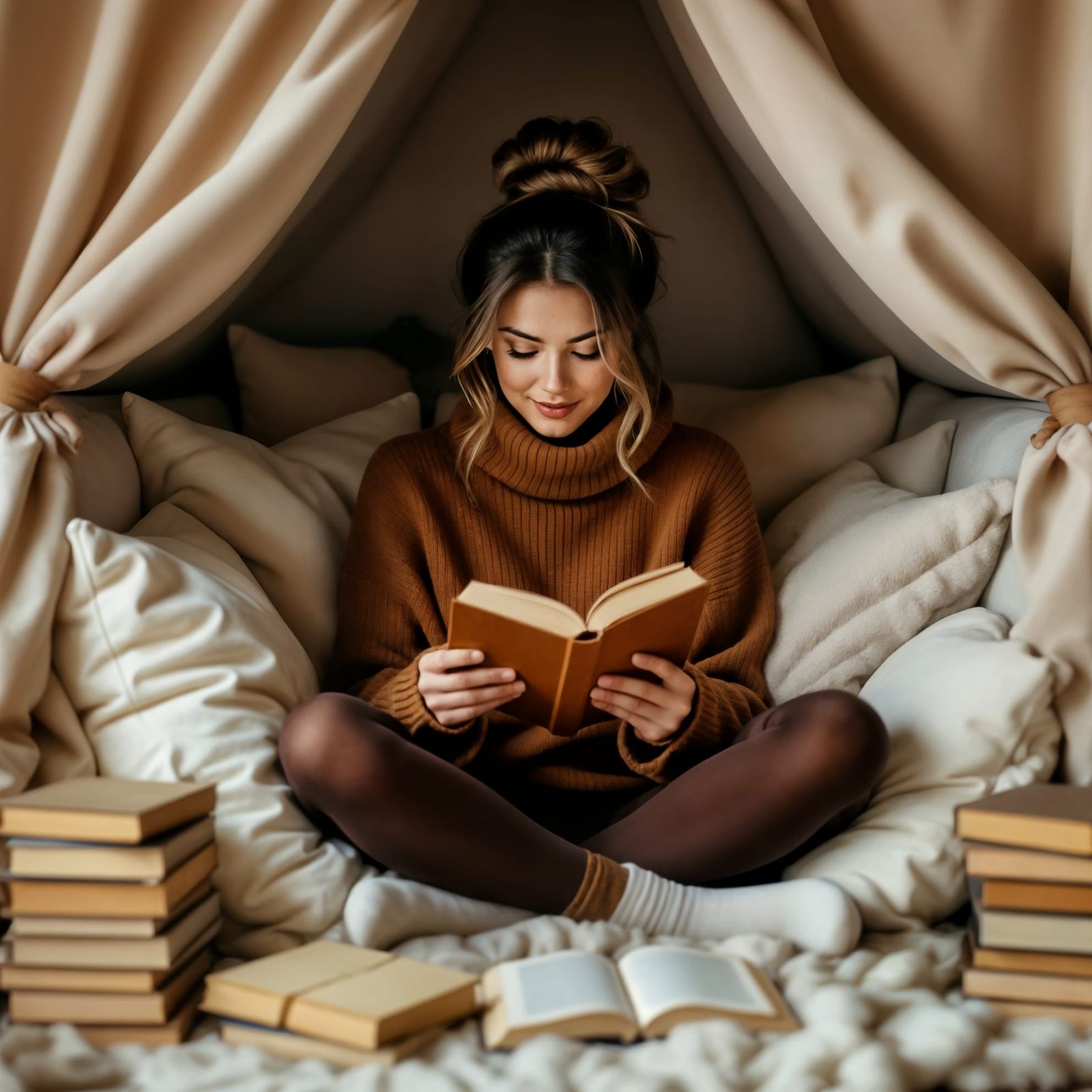 Cozy Bedroom Nook: Woman Reading by Lamplight