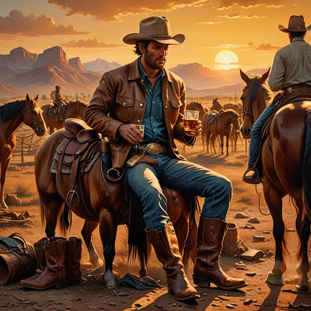 Western Cowboy Drinking Whiskey at Sunset as Oil Painting