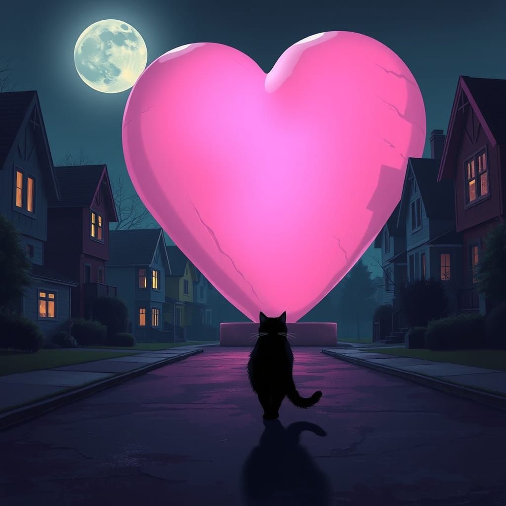 Black Cat Silhouetted Against Pink Heart Statue at Night