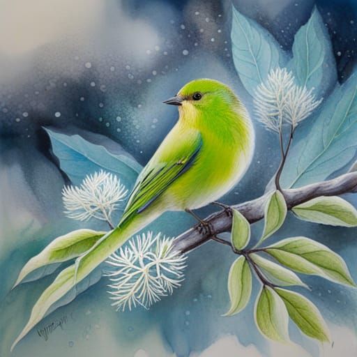 Intricate Bird Illustration in Blue and Green