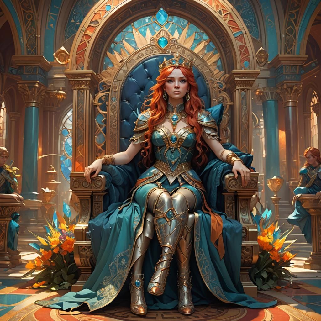 Red-Haired Princess on Throne, Hyperdetailed Concept Art