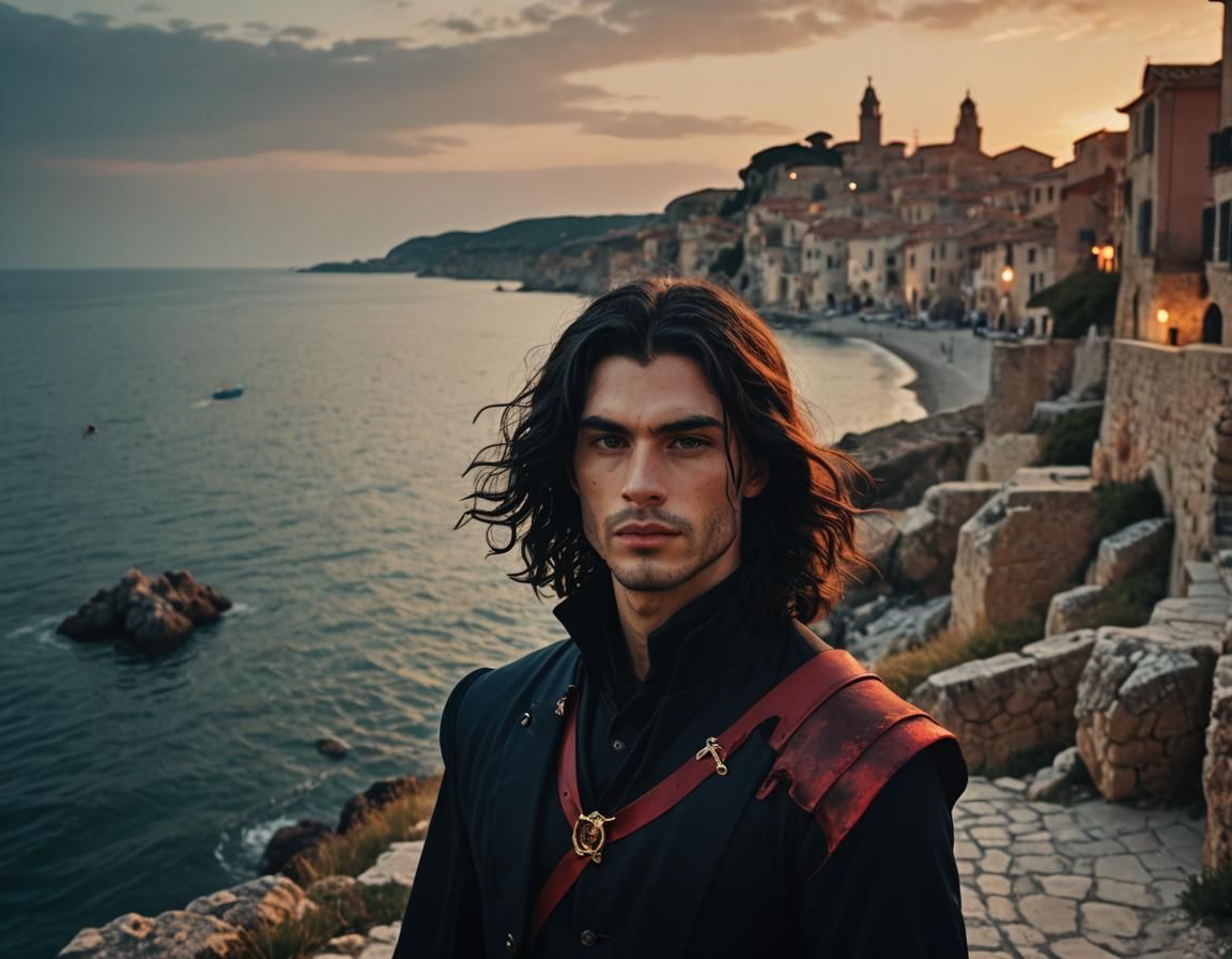 Hunter in Italian Coastal Town: Dark Fantasy Film Still