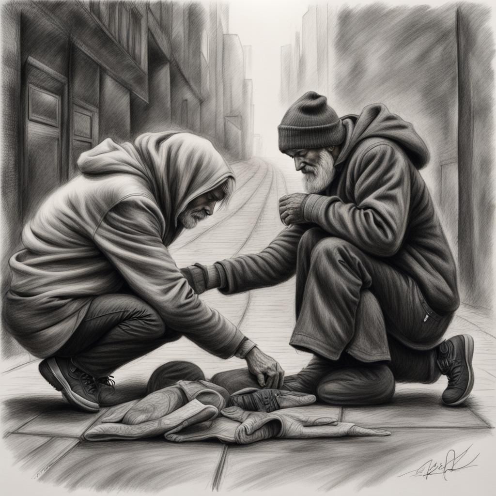 Priest Helping Homeless Man: Hyperdetailed Charcoal Drawing