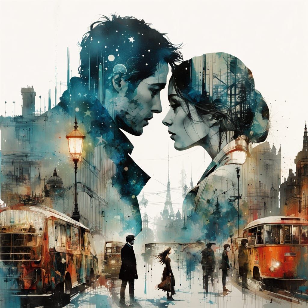 Kiss in a Dripping Galaxy: Double Exposure Art