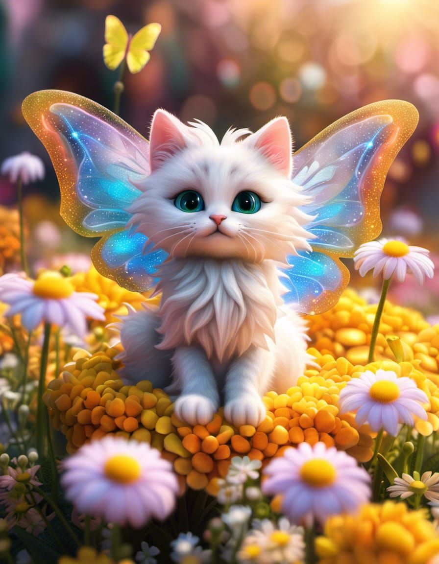Whimsical Fairy Cat in Flower Bed, 3D Art