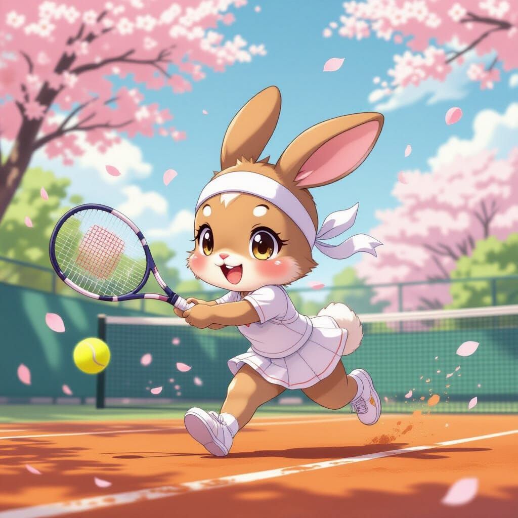 Chibi Rabbit Plays Tennis in Anime Style