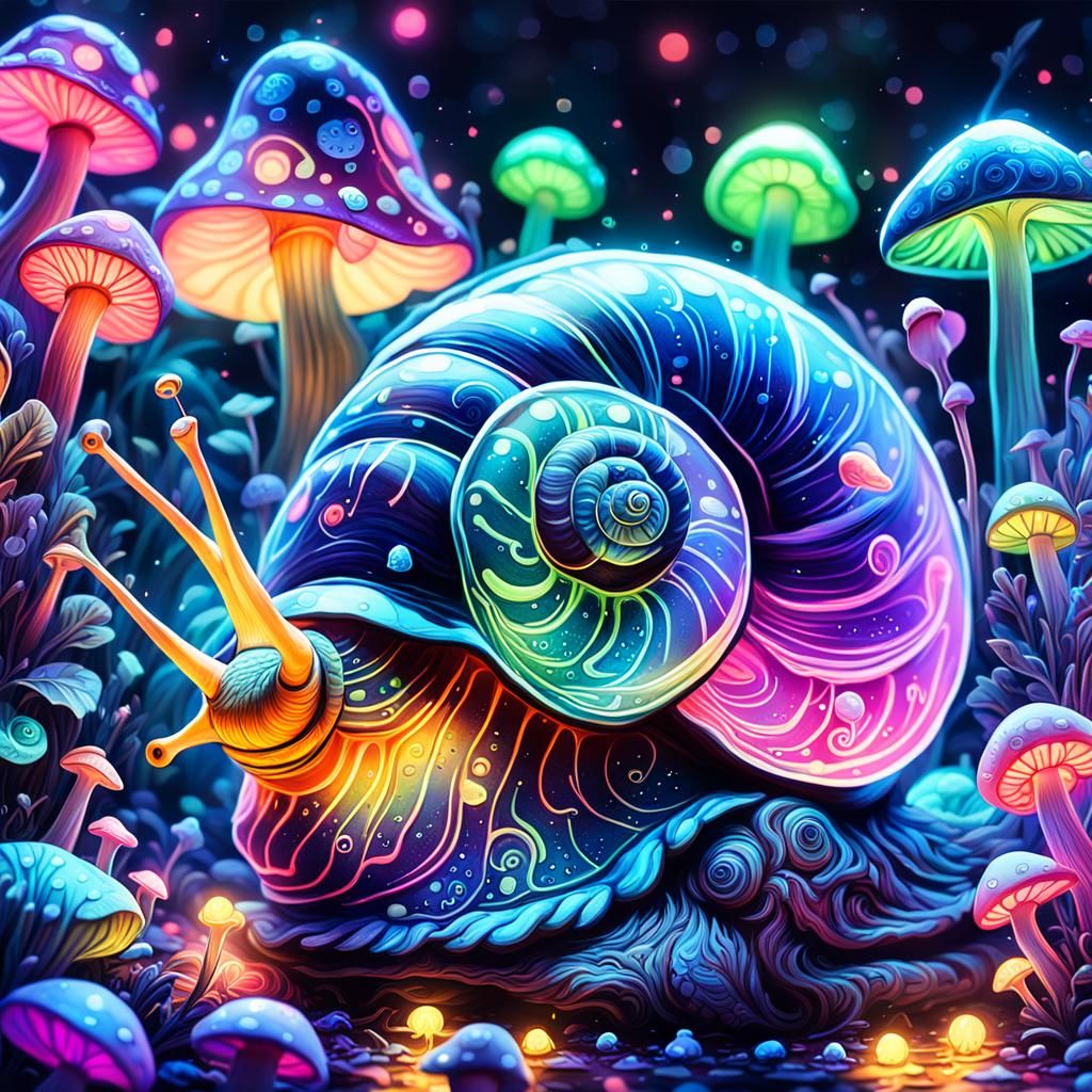 Fluorescent Snail's Miniature Fantasy World: Digital Art
