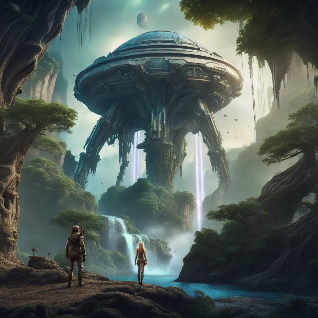 Blond Explorer's Farewell on Alien World: Fantasy Art