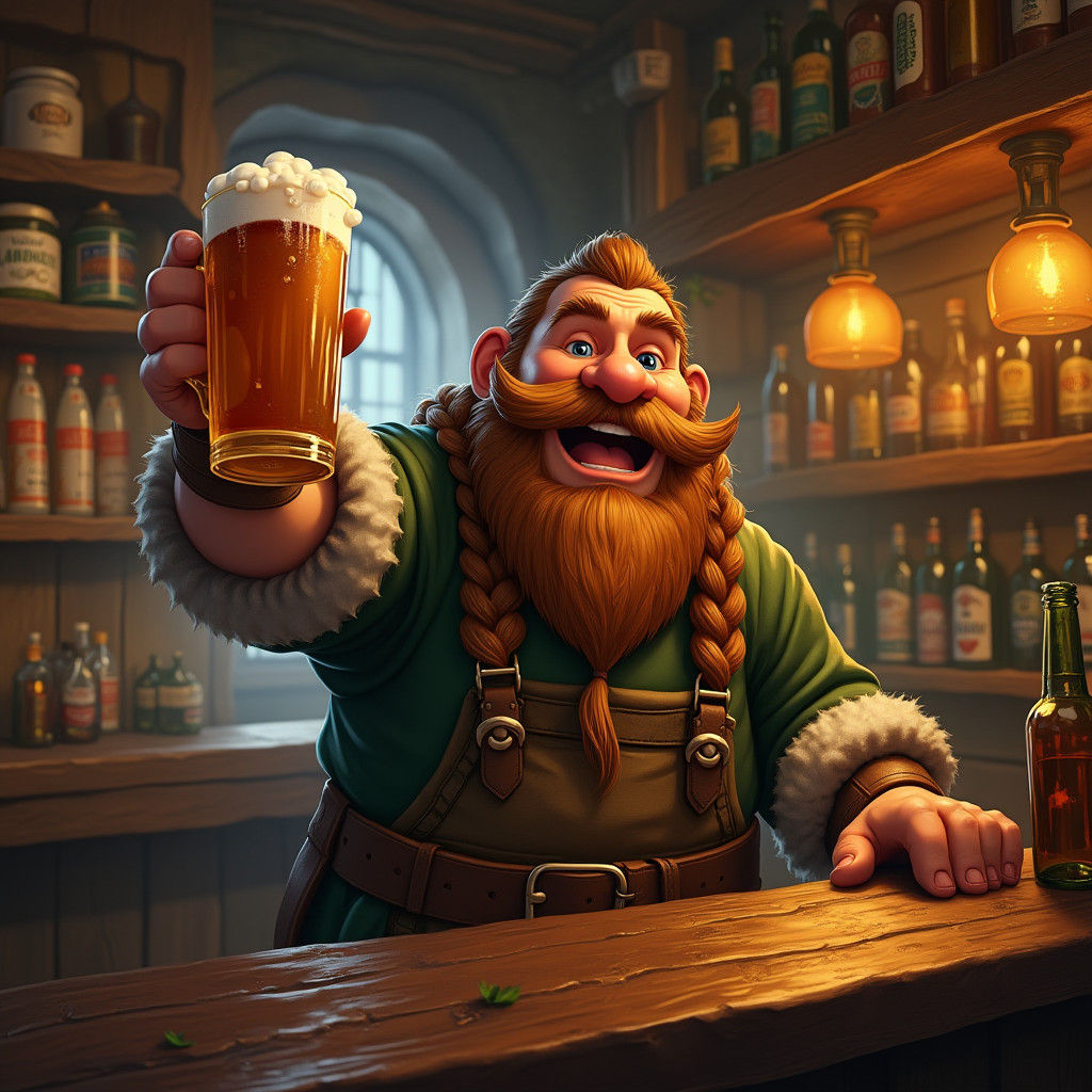 Jovial Irish Dwarf Tavern Keeper in Lively Pub
