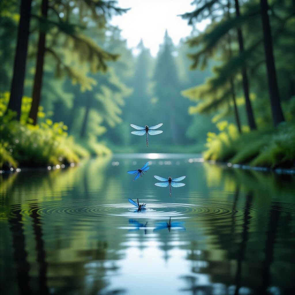 Tranquil Forest Lake with Dragonflies: Soft Focus Photograph...
