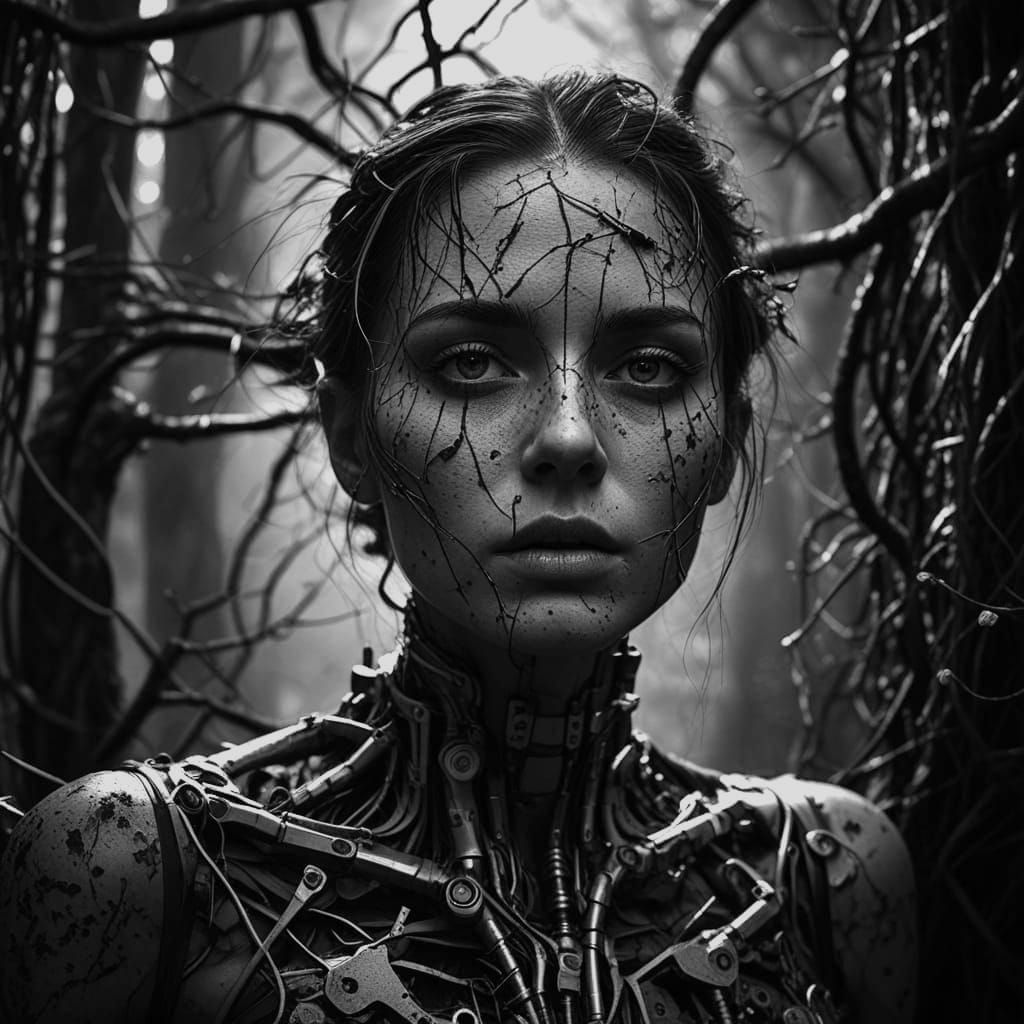 Hyperrealistic Portrait of a Woman Consumed by Electronics a...