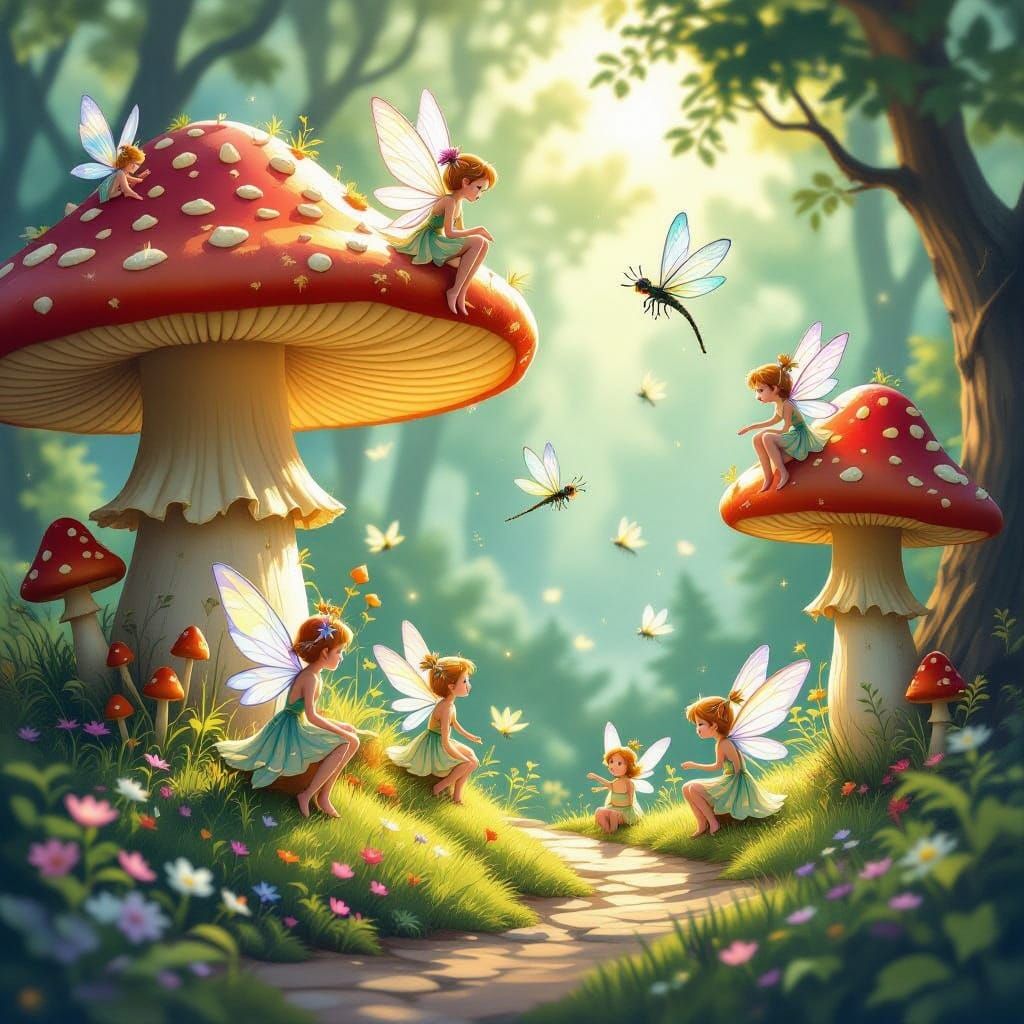 Whimsical Fairy Village Under Giant Mushrooms