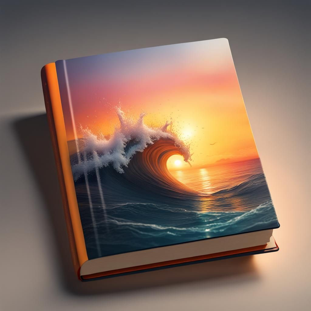 Hyperrealistic Book with Sunset Sea: Splash Art