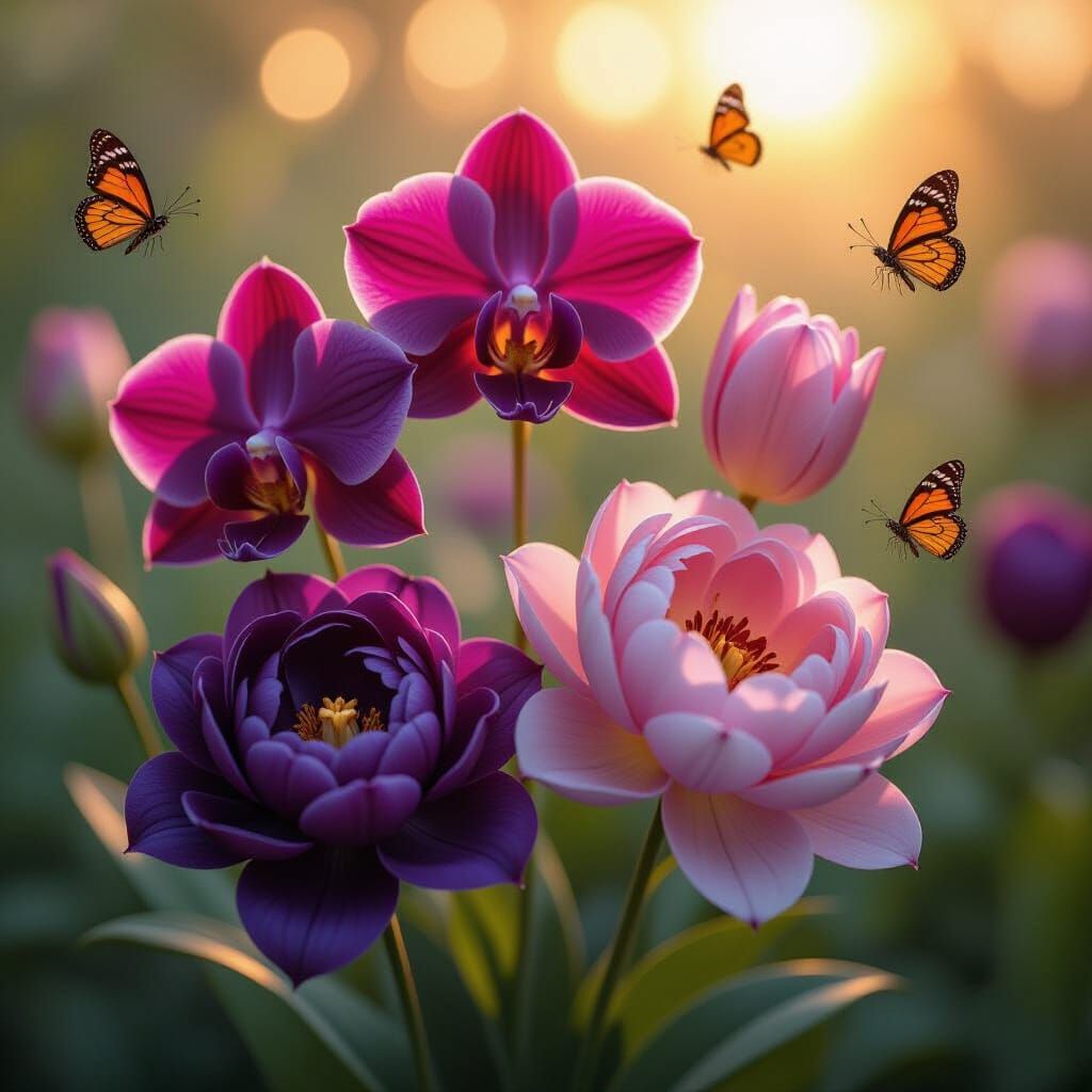 Exotic Flowers in Bloom with Steampunk Insects