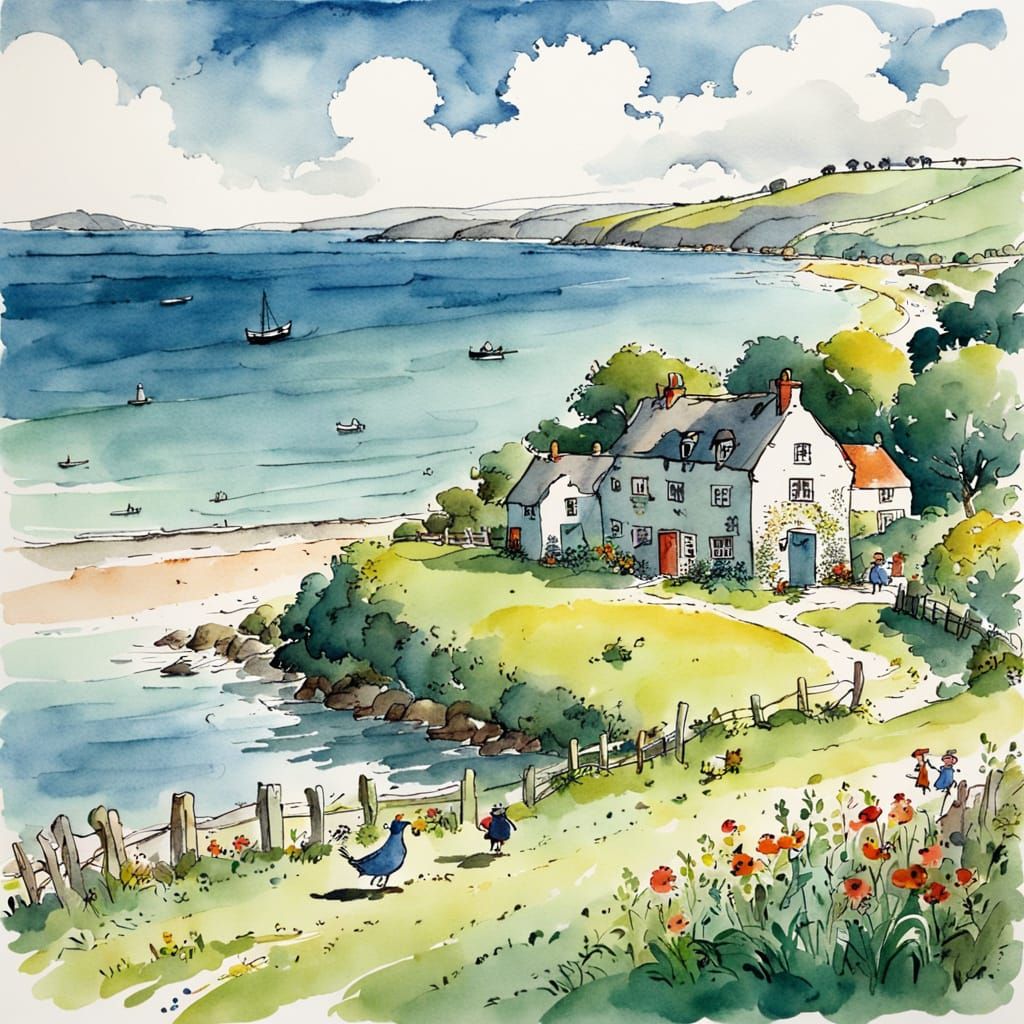 Charming Seaside Farm Illustration in Watercolor Style