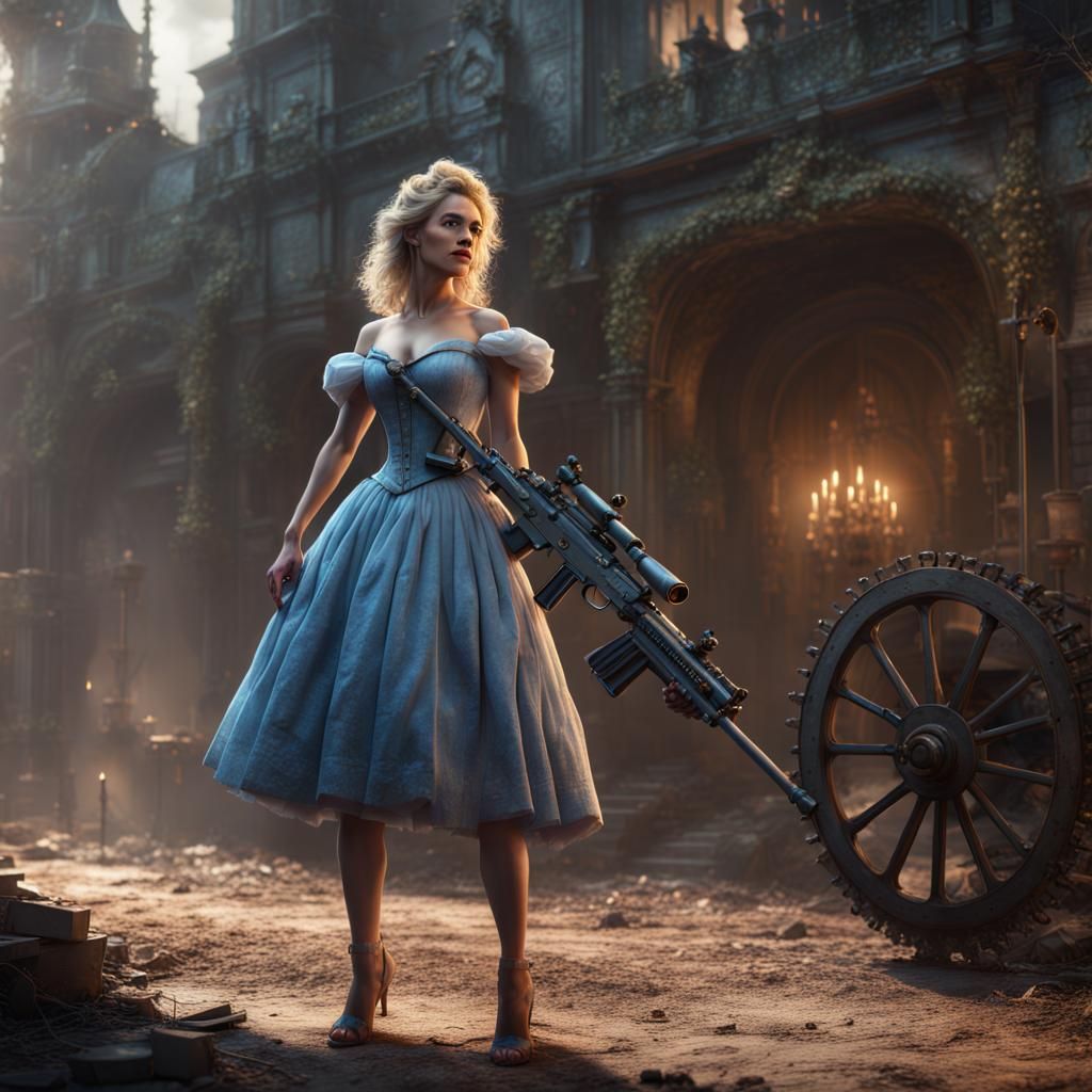 Cinderella with Machine Gun in War Setting