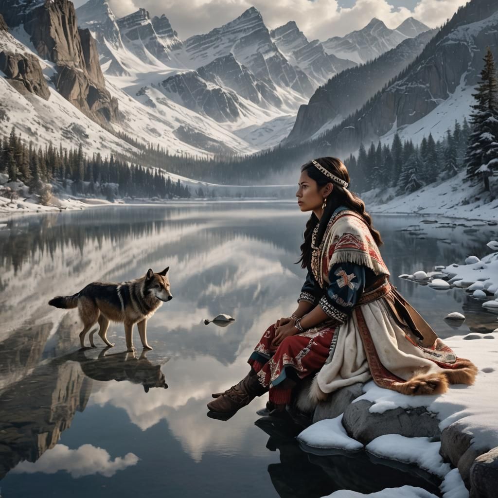 Native American Woman and Dire Wolf by Lake