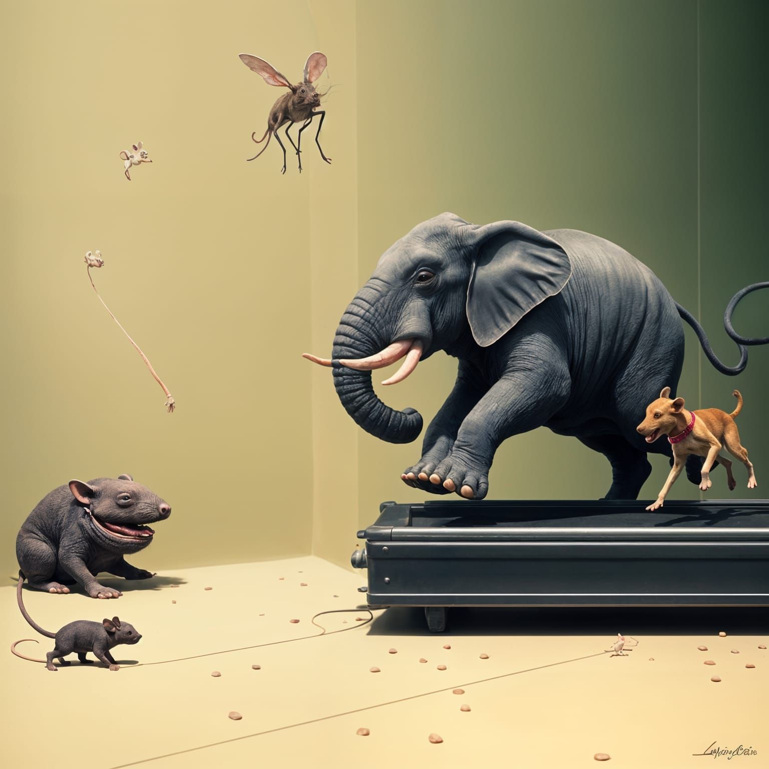 Surrealist Nightmare of a Tiny Elephant and Dog on a Treadmi...