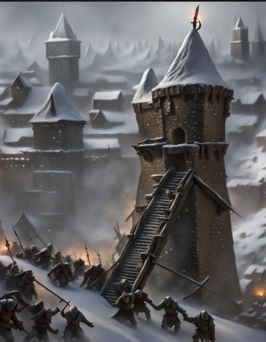 Orc and Goblin Siege with Tower, Realistic Photo