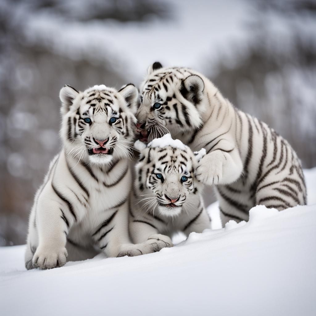 Snow Tiger Cubs Play in the Snow