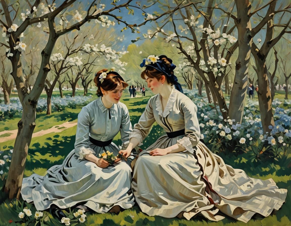 Art by Édouard Manet, in a cherry orchard in full bloom, a lesbian wedding ceremony unfolds, surrounded by a carpet of s...