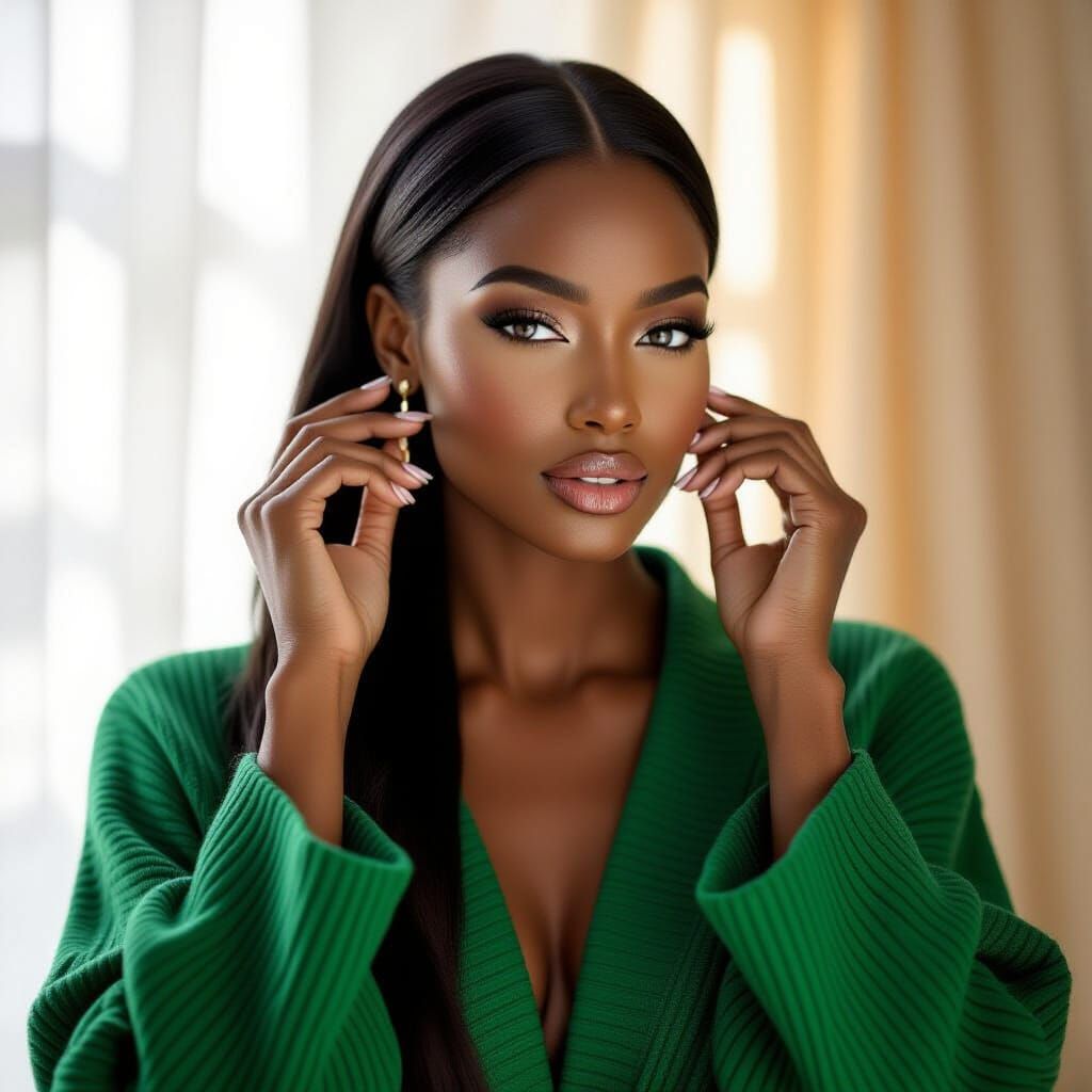 Confident Woman in Bold Green Robe, Editorial Fashion Portra...
