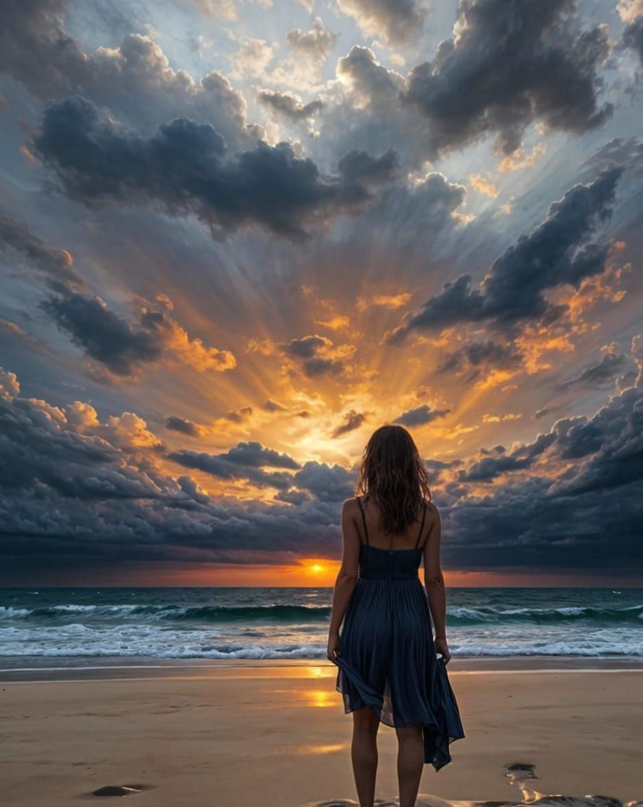 Woman on Stormy Beach at Sunset Oil Painting