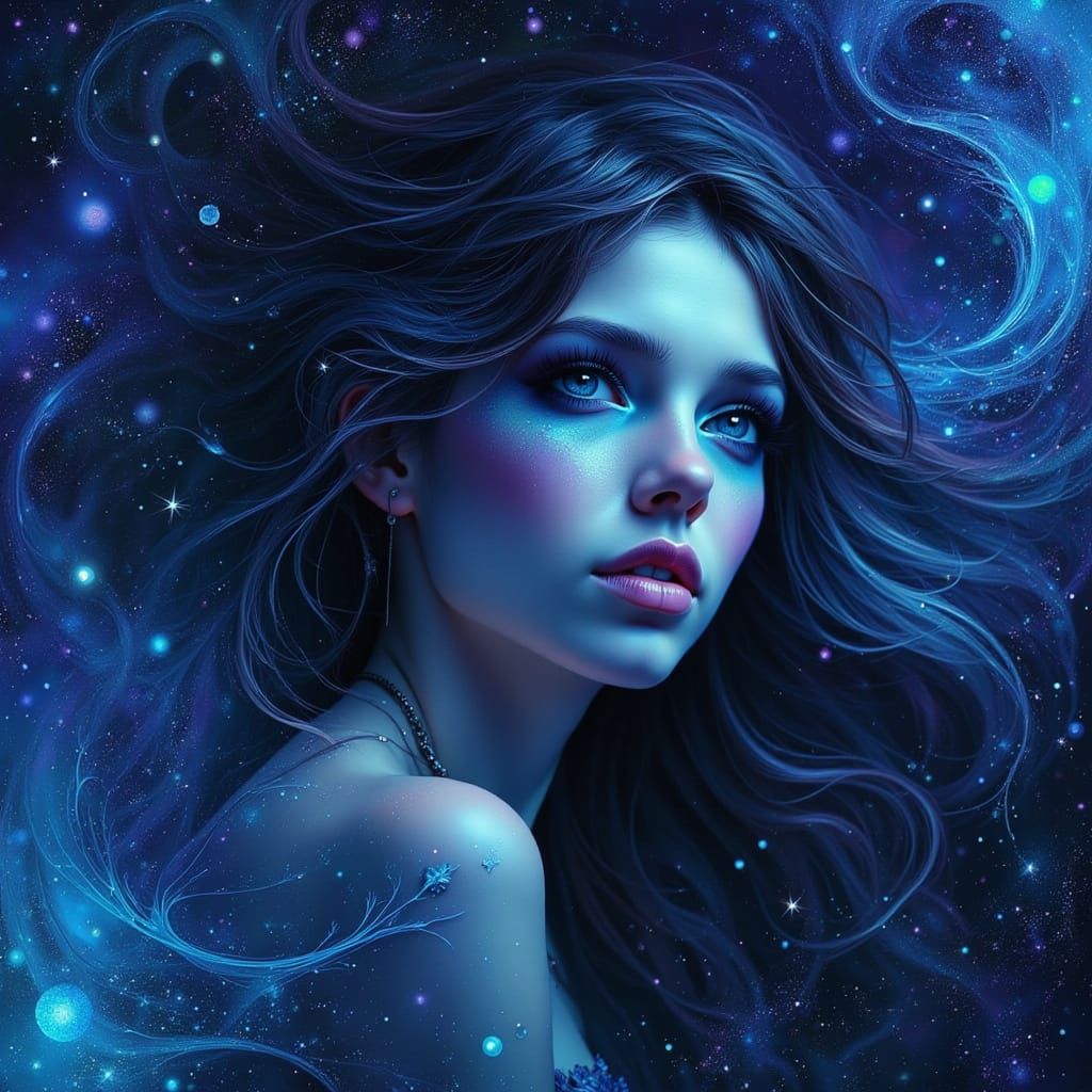 Ethereal Indigo Goddess in Cyberpunk Haze