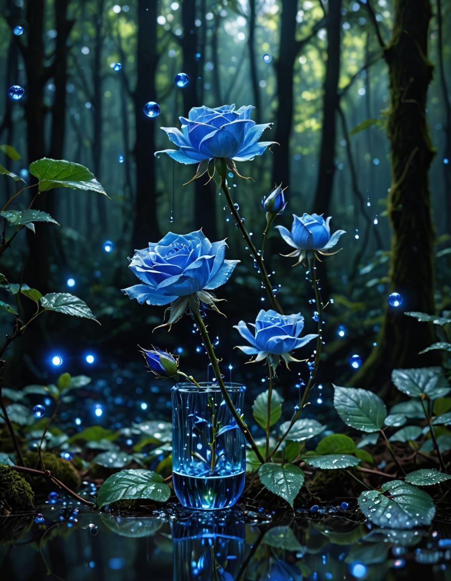 Surreal Blue Glass Rose in Blue Woods