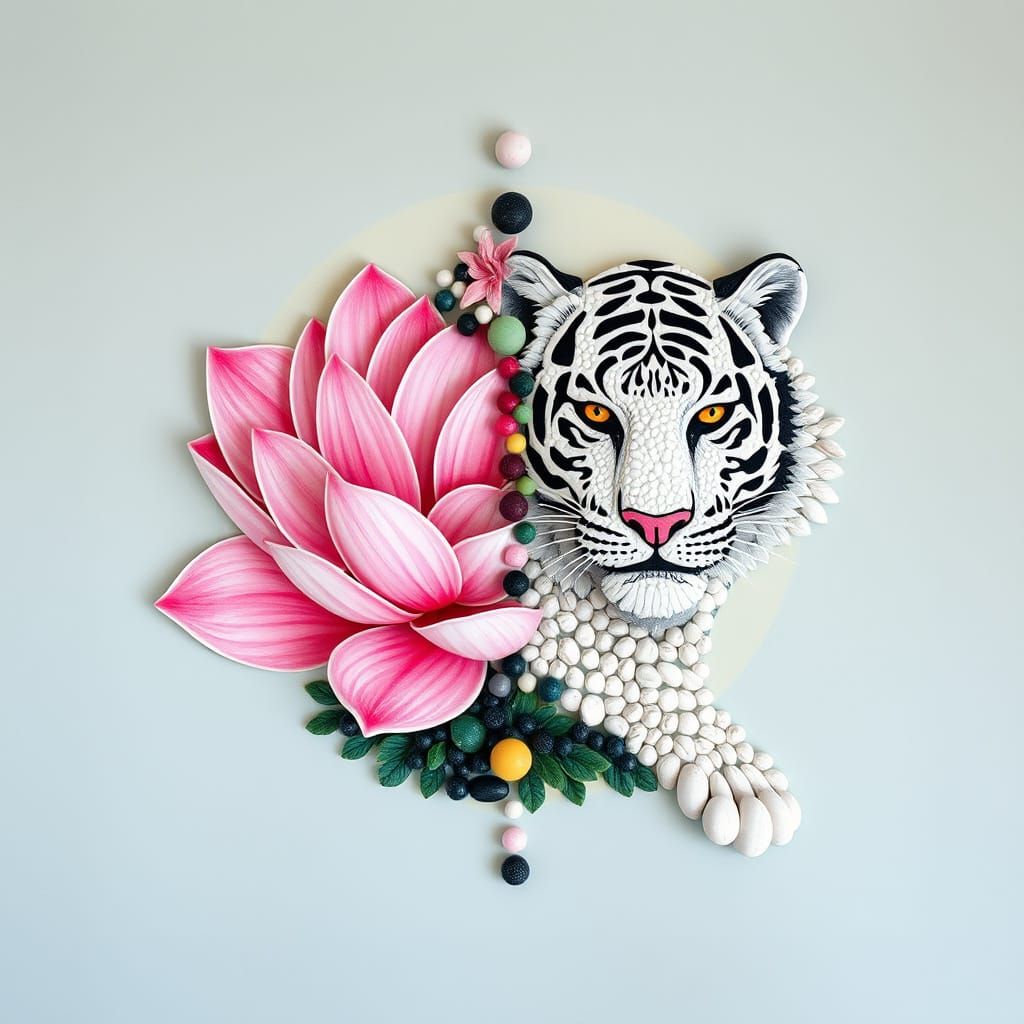 Vibrant Pastel Lotus and Tiger Double Exposure Masterpiece