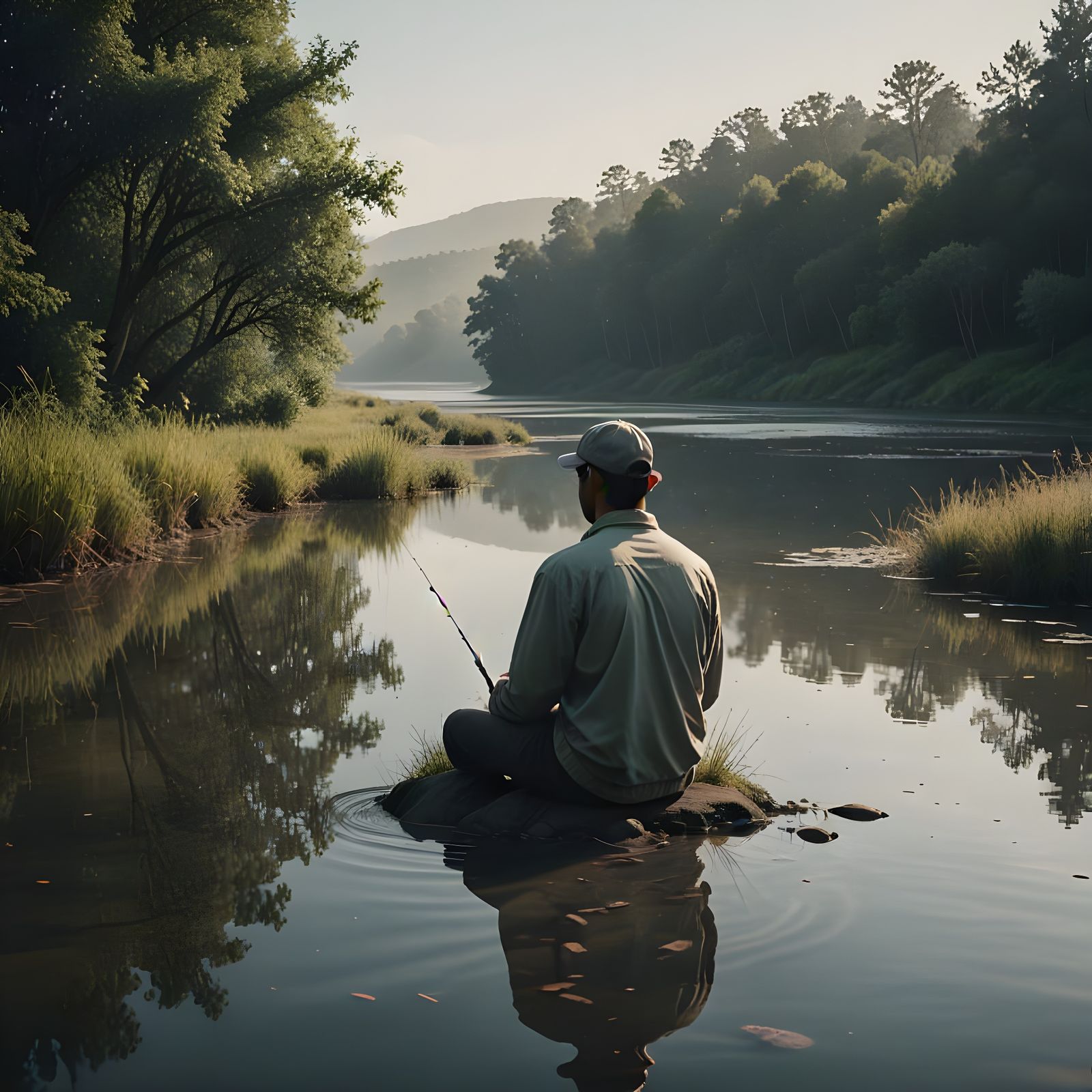 Young Fisherman Contemplates Sunrise by Riverbank