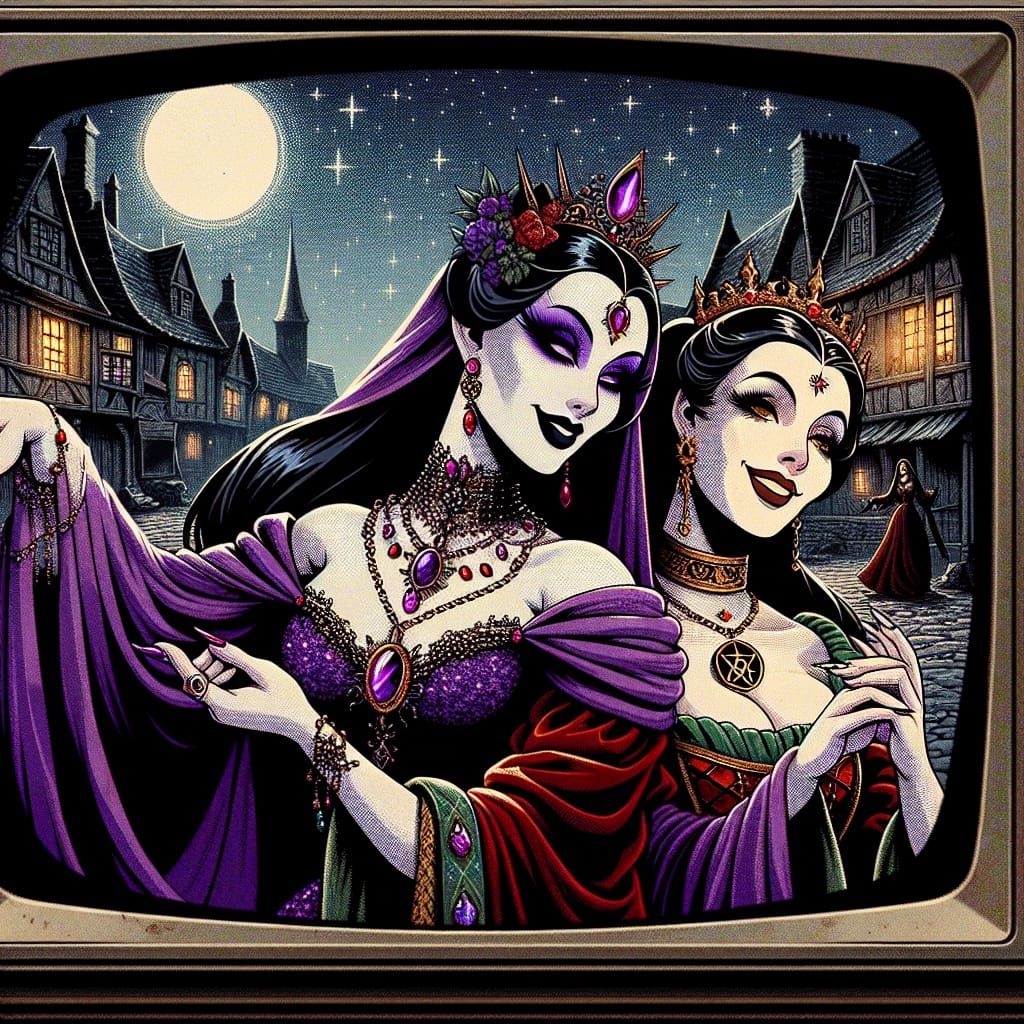 Dancing Sorceress and Queen in Cartoon Style